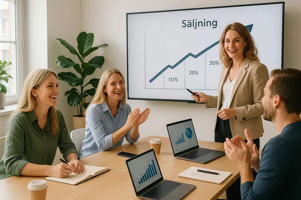 Säljteampersoner samarbetar under en utbildningsworkshop med digitala verktyg.