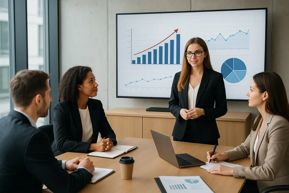 Affärsteam som diskuterar försäljningsstrategi vid ett mötesbord