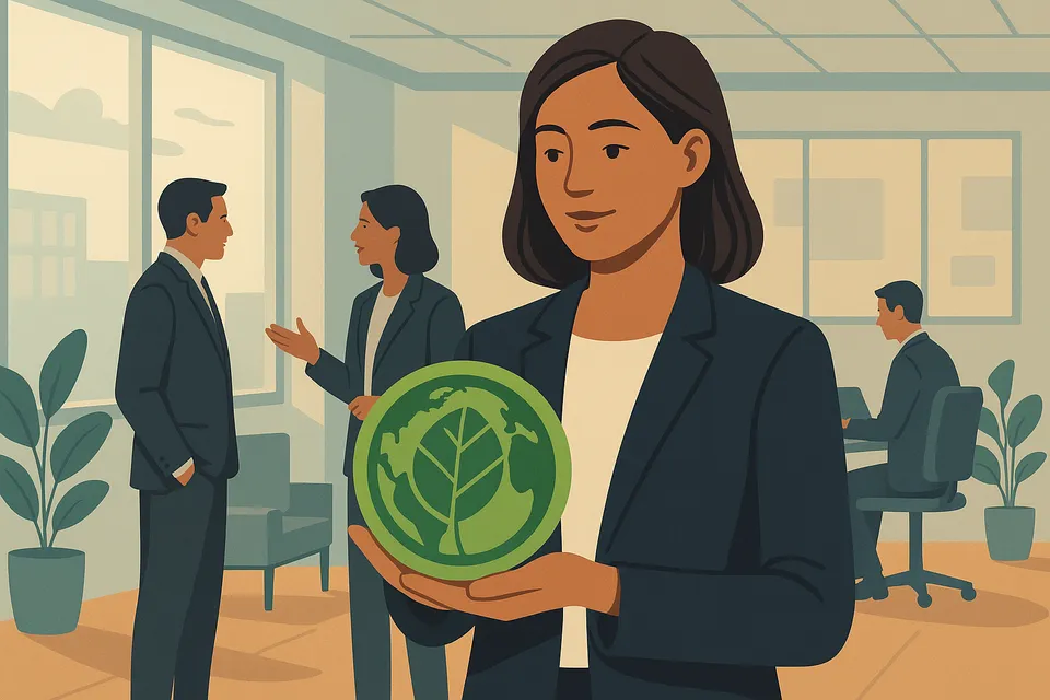 Affärsperson som håller ett grönt löv framför säljdiagram