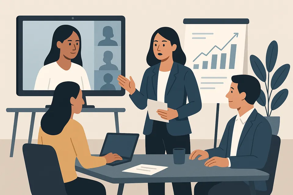 Illustration av hybridledarskap inom försäljning med både videomöte och fysiskt möte