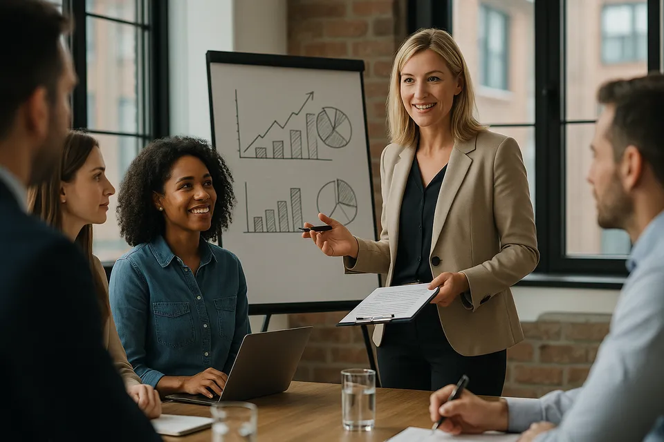 Affärsteam deltar i säljutbildning för kompetensutveckling