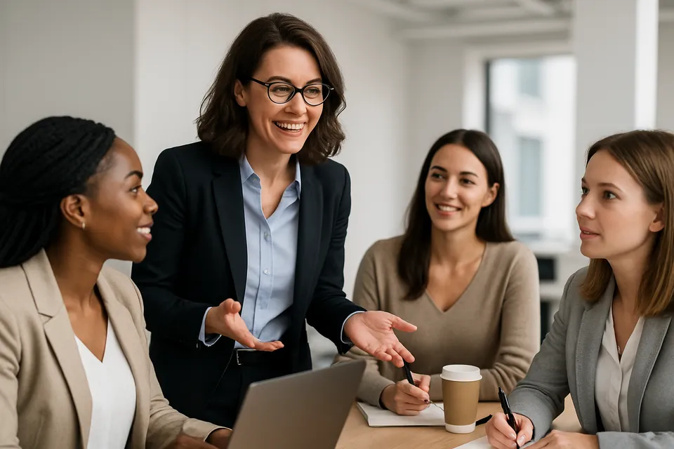 En operativ ledare som coachar sitt försäljningsteam i en kontorsmiljö.