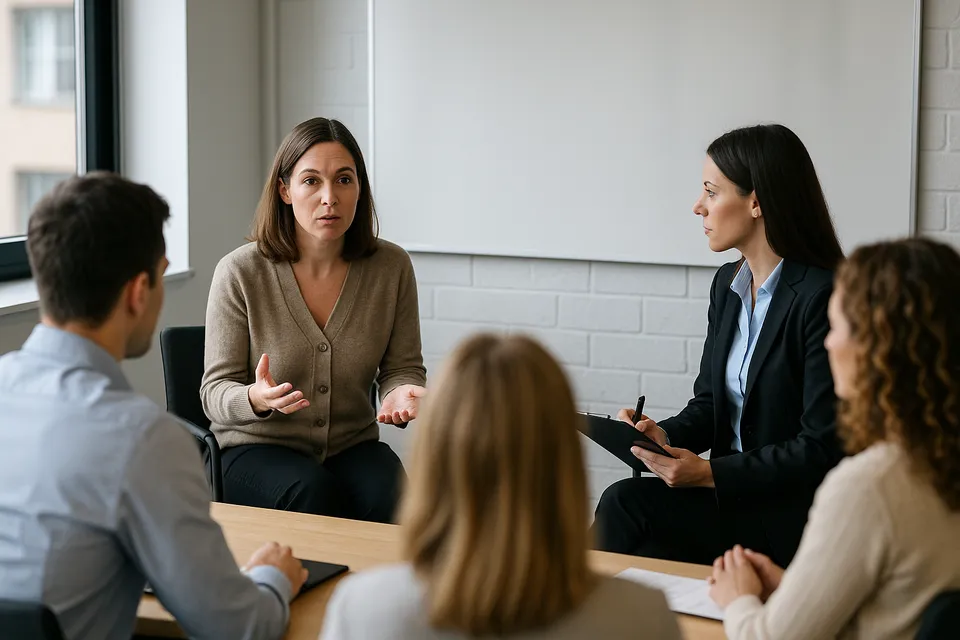 En skådespelare som spelar kund i säljutbildning med ett säljteam