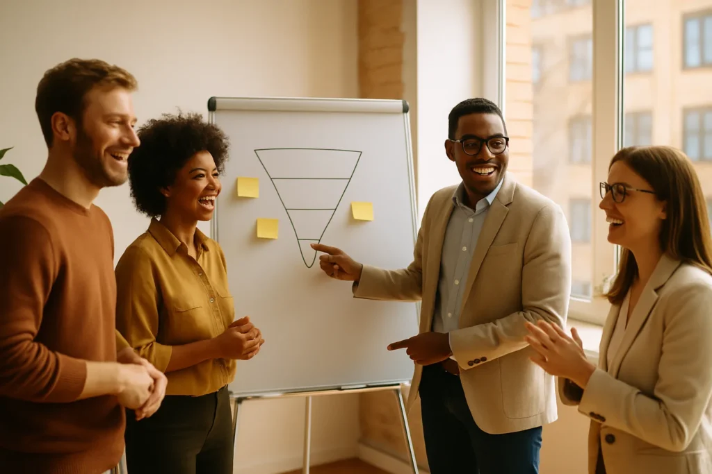 Säljteam som samarbetar framför whiteboard med fokus på arbetsglädje