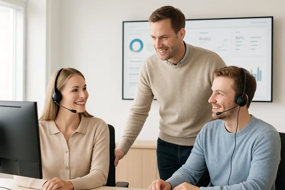 Teamledare coachar kundservicemedarbetare i ett modernt nordiskt kontor