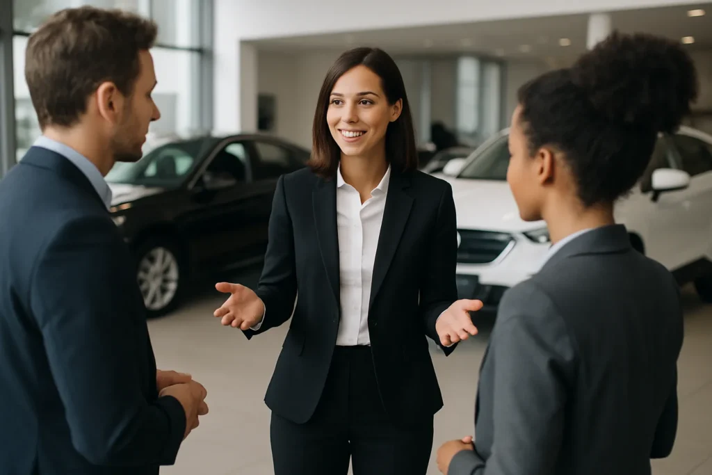 Kvinnlig försäljningschef coachar säljteam i bilhall