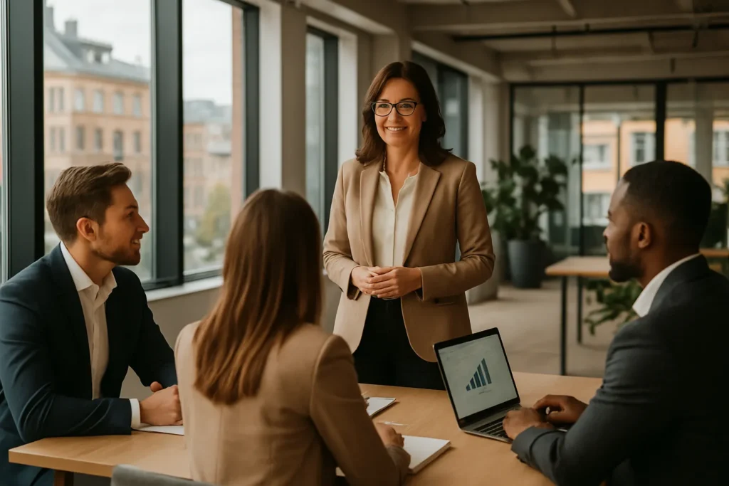 Kvinnlig säljchef leder möte i Stockholm
