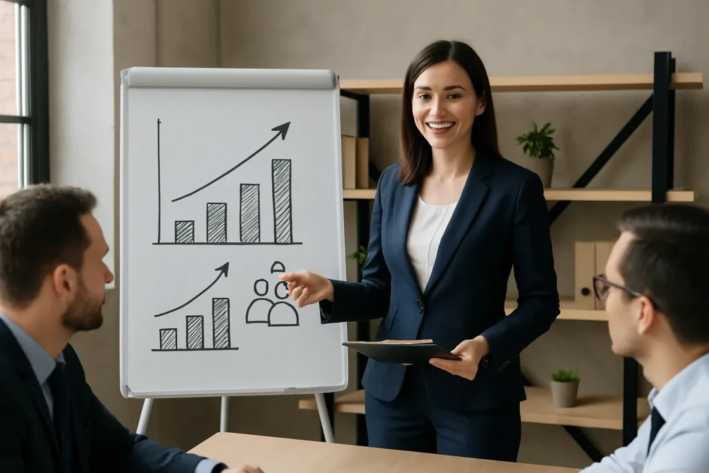 Kvinnlig säljledare coachar teamet