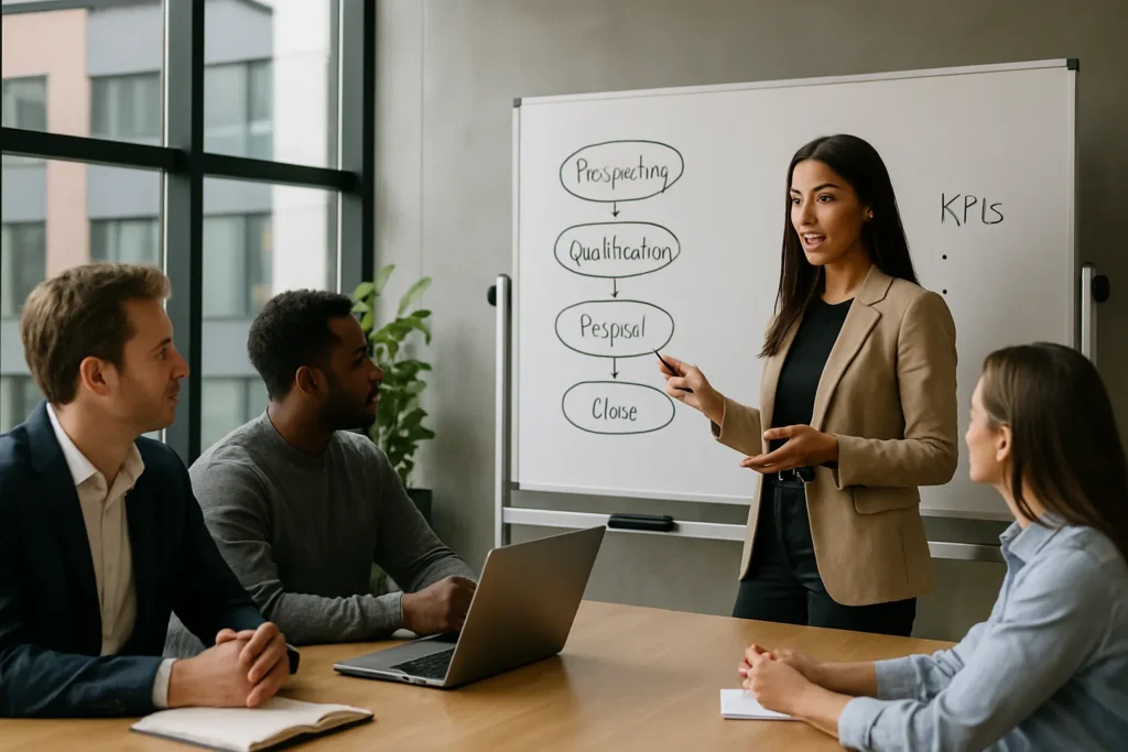 Kvinnlig säljchef coachar teamet vid whiteboard med säljprocess och KPI:er