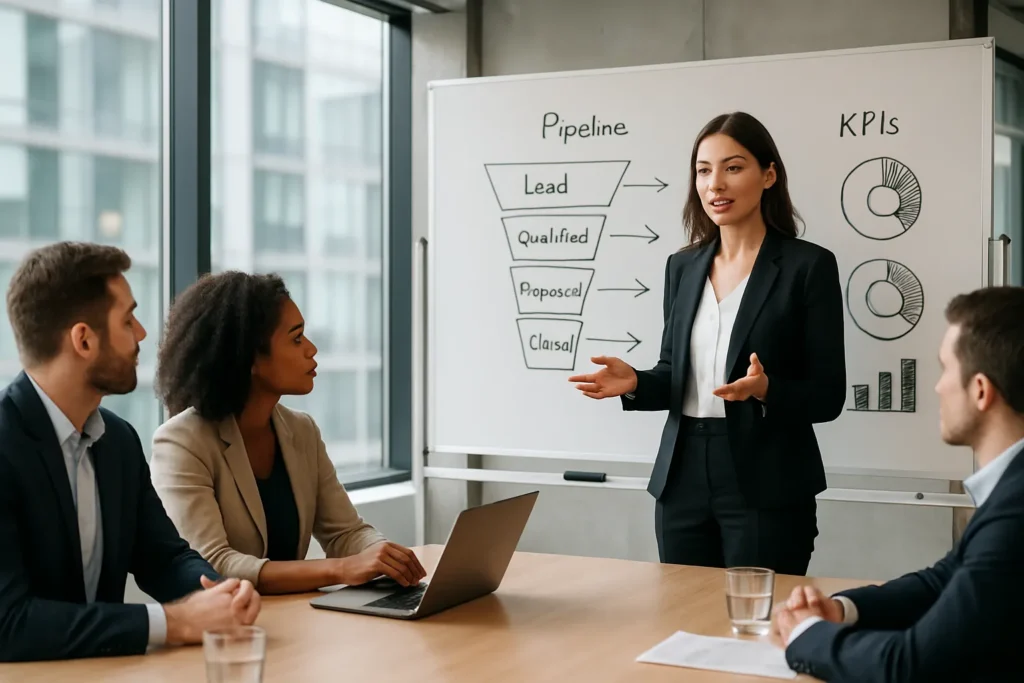 Kvinnlig försäljningschef coachar sitt B2B-säljteam vid whiteboard