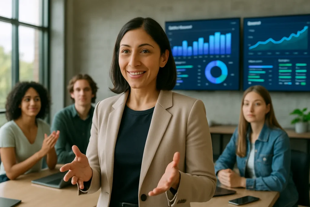 Kvinnlig försäljningschef coachar teamet framför digitala dashboards