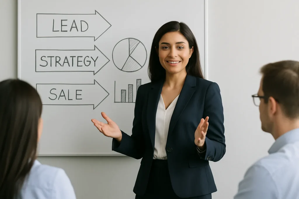 Kvinnlig försäljningschef coachar säljteam under utbildning i säljstrategier