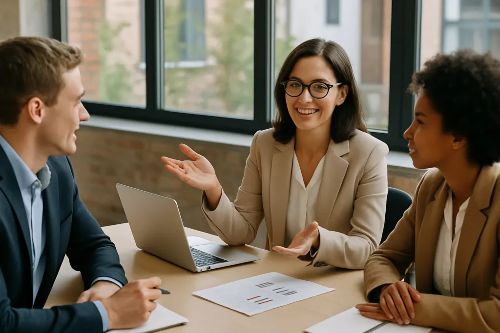 Kvinnlig försäljningsledare som coachar sitt säljteam i ett mötesrum