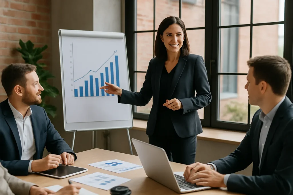 Kvinnlig säljchef leder ett B2B-team under strategimöte