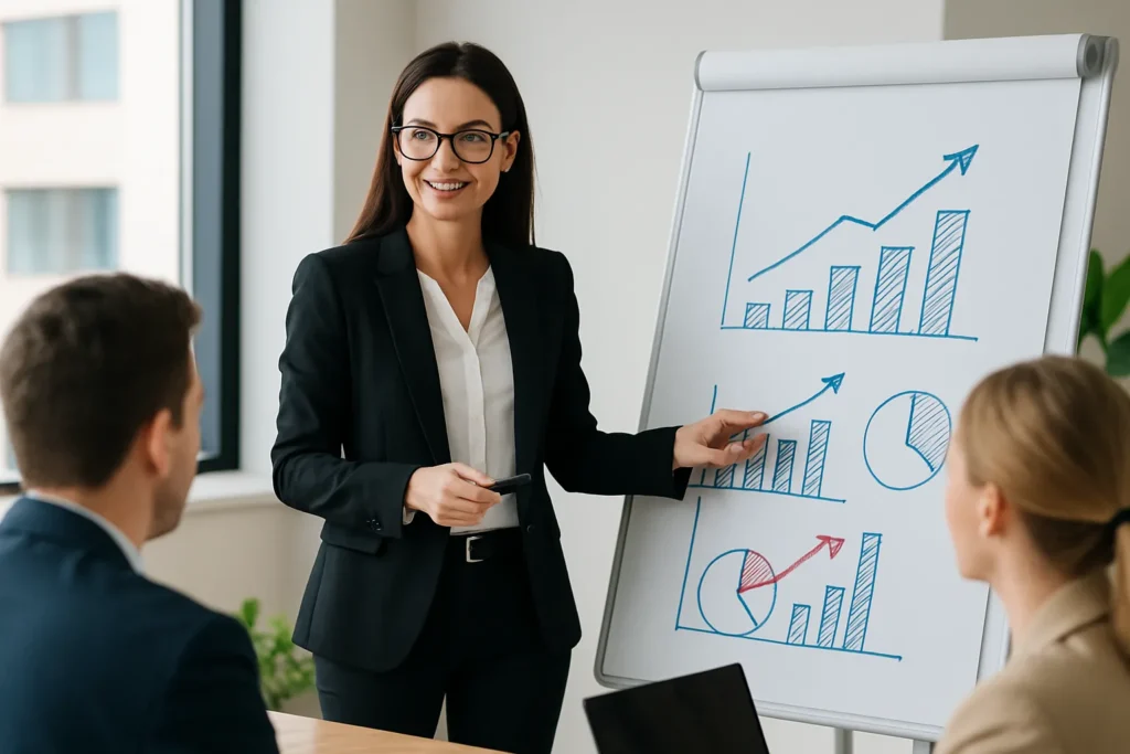 Kvinnlig säljchef leder strategiworkshop om försäljningsstrategi
