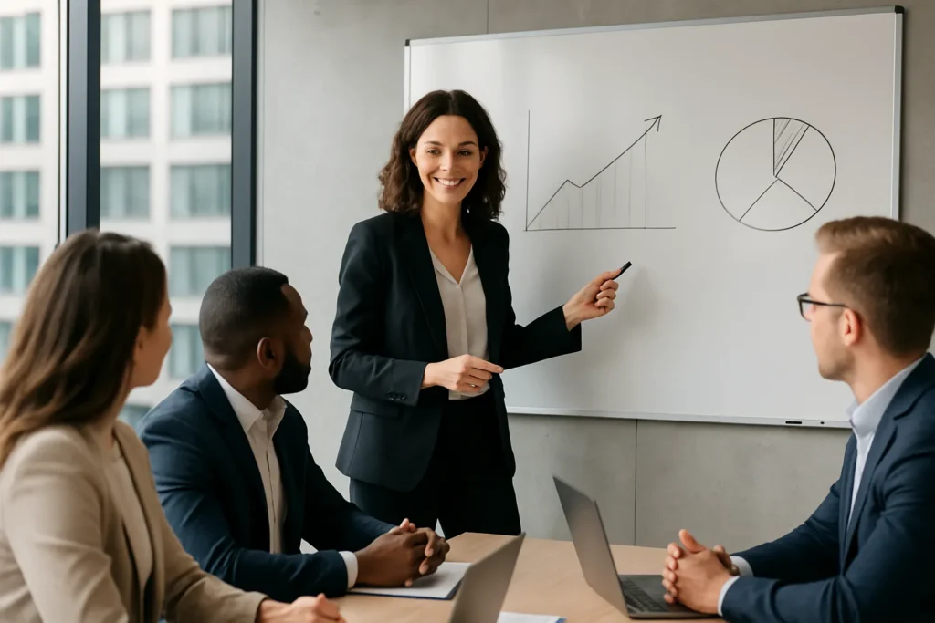 Kvinnlig försäljningschef leder säljträning med team