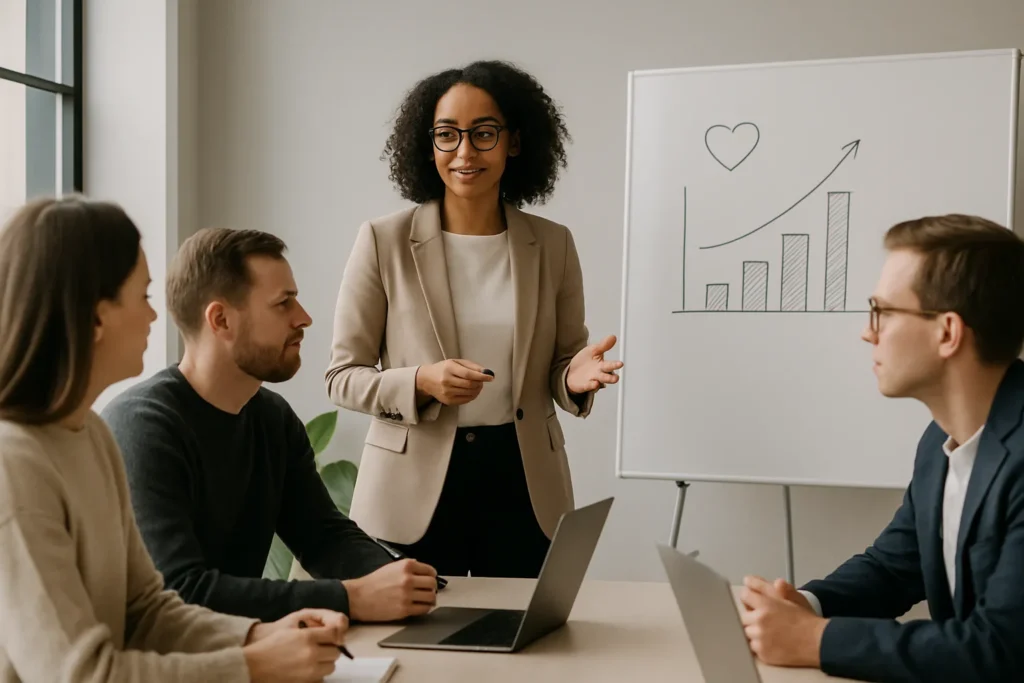 Kvinna som säljledare leder ett kundvårdsmöte med sitt team
